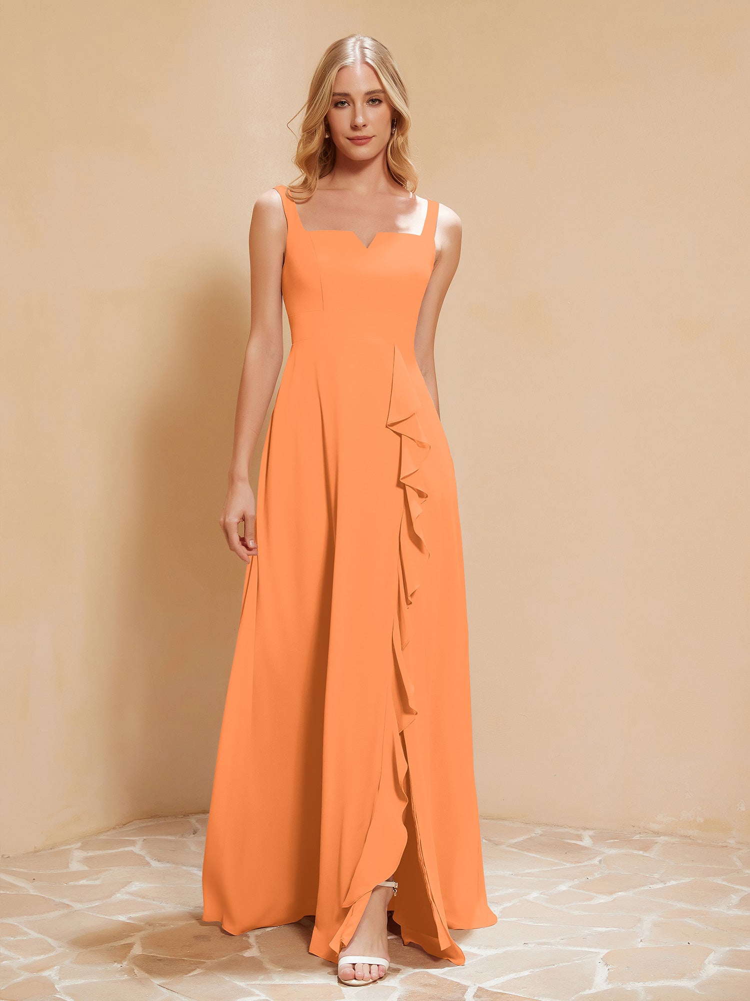 Sleeveless Bridesmaid Gown with Ruffles Orange